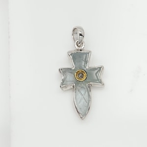 Vintage Aquamarine Cross Natural Gemstone Cross and a diamond in sterling silver Pendant (#42)