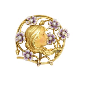 14k Gold Brooch Pin Circa  early 1900&#39;s Art Nouveau Enamel Brooch Pin Girl and Flowers pin