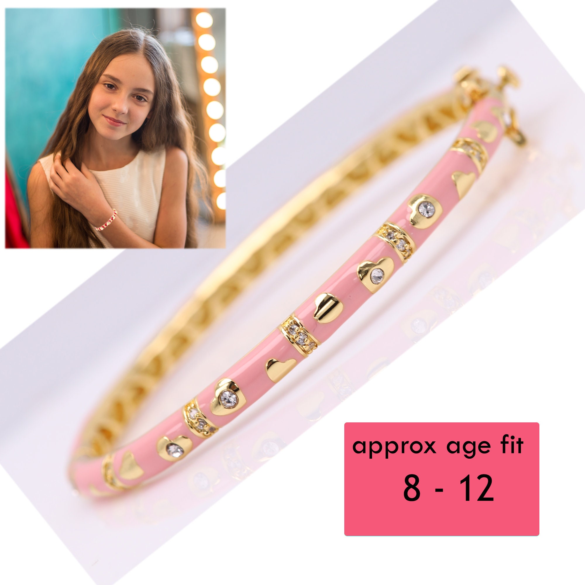 Pink Bracelet for Young Girls Ages 8-12 Pink Hearts Design 