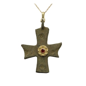 Byzantine Bronze Cross Pendant: 18k Gold, Red Sapphire, Handmade in Italy