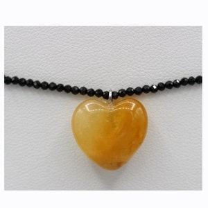 Yellow Jade Heart Choker: Black Spinel Beads, Sterling Silver