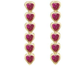 14k Yellow Gold Ruby Dangle Earrings: Heart-Shaped Gemstones