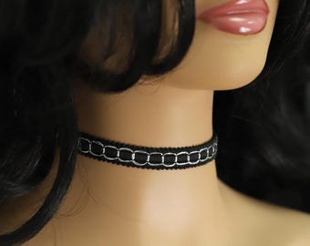 Black Lace Gothic Choker Adjustable Length black with Silver (#25a)