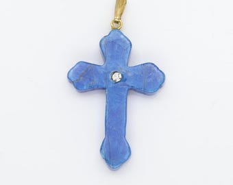 Blue Stone Cross Pendant Necklace - Natural Stone (1.25 inch)