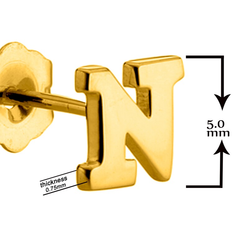 ALPHABET Initial N Stud Earrings 14K YELLOW GOLD Classy Design Cute size 5.0mm 2 Pieces 1 Pair