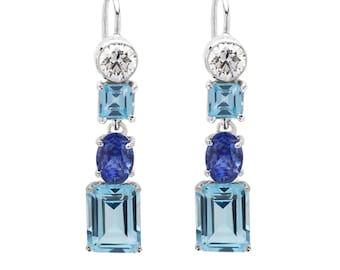 Vintage 14k White Gold Aquamarine Dangle Earrings: Diamond & Sapphire Accents