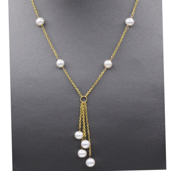 Pearl Chain Necklace 14k Yellow Gold Dangle Pearl Necklace #003 - Etsy