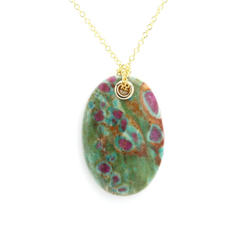 Stone Pendant Natural Ruby Fuchsite Green & Red Stone Necklace (#7) image 1