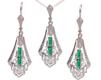 Art Deco Emerald Pendant Earring Set: Sterling Silver Jewelry