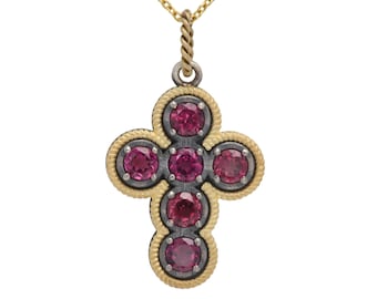 Rhodolite Vintage Cross 18k and Silver two tone made in Italy red gemstone Pendant