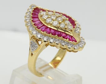 Vintage 18K Gold Ruby Diamond Ring: Baguette & Round Cut