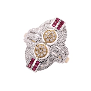 Vintage Art deco Ring Natural Ruby and Diamonds 18k and silver
