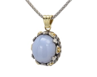 Colgante vintage de piedra natural calcedonia en plata de ley y oro de 18 quilates.