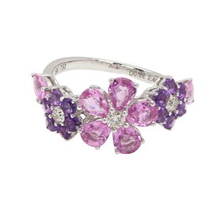 18k White Gold Flower Ring: Amethyst, Pink Sapphire & Diamond