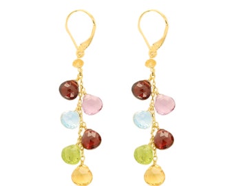 Dangling Earrings Multi Color Semi Precious Gems 14K Yellow Gold Dangle Earring