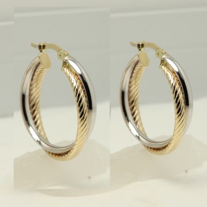 14k solid Gold hoop Earrings Two Tone Italian Gold hoops Artistic Earrings Round hoops (#1)