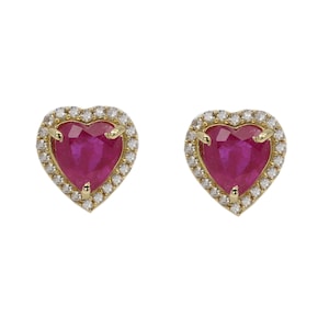 14k Yellow Gold Heart Ruby Stud Earrings with Diamond Halo