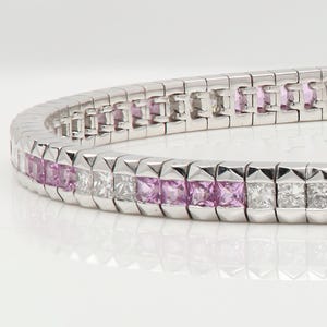 18k Tennis Bracelet Natural Diamonds Natural Pink Sapphire Solid 18k White Gold