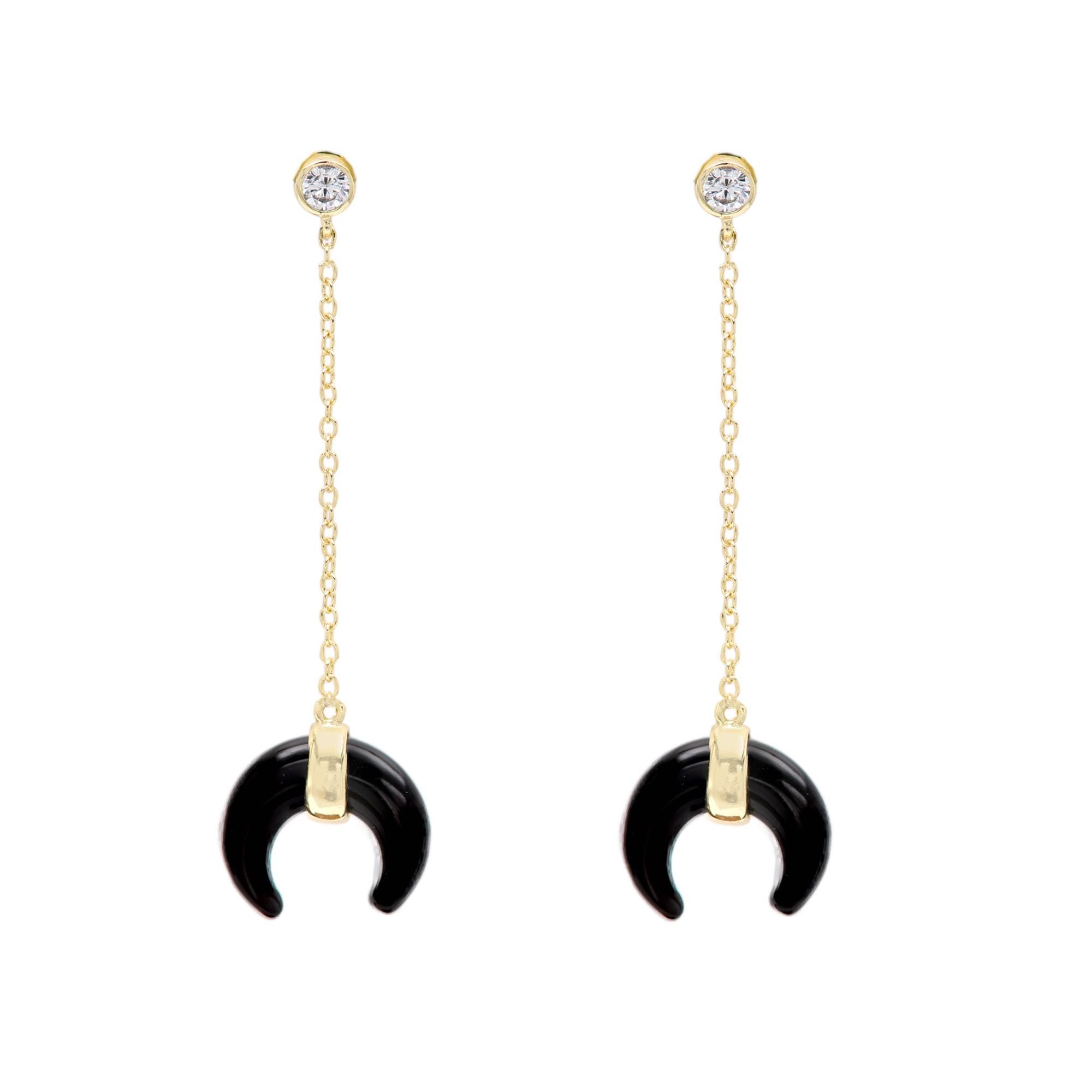 Crescent Moon Bull Horn Earrings Dangling Onyx Sterling Silver 