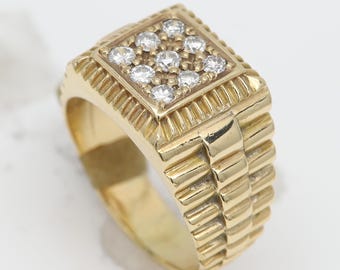 Vintage 14k Gold Diamant Cluster Herrenring, Band im Armbanduhr-Stil, Größe 9