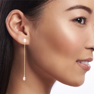 Dangle Pearl Earring solid 14k yellow gold 2.5' inch long pearl dangling earring