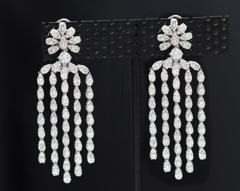 Diamond Dangling Earrings 18K White Gold Chandelier Earrings 2' Inch Dangle