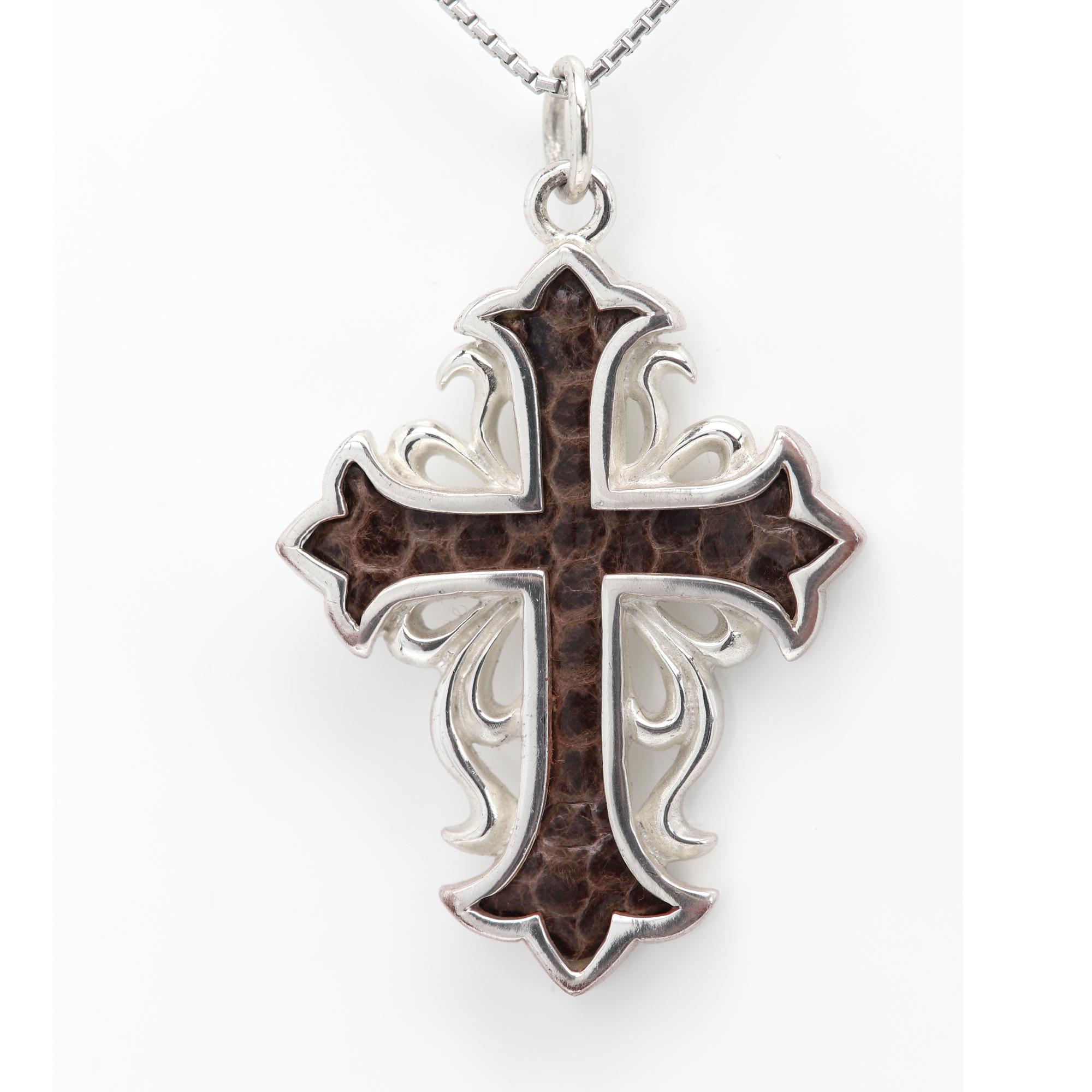 Sterling Silver Cross Pendant: Gothic Snake Skin Leather Inlay