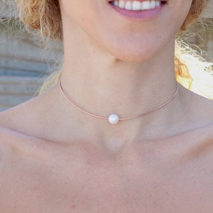 Rose Gold Sterling Silver Pearl Choker: Adjustable Wire Necklace