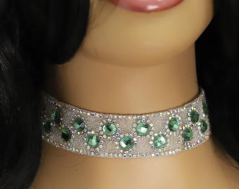 Sparkly Green Choker Necklace Adjustable Length Rhinestone Chokers  (#72)