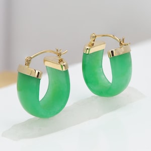 14k Jade Earrings Huggie Hoops Earrings from Jade Real 14k Yellow Gold