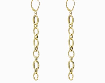14k Gold Long Dangle Earrings: Italian Link Chain, Artistic Texture