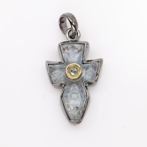 Vintage Aquamarine Cross Natural Gemstone Cross and a diamond in sterling silver Pendant