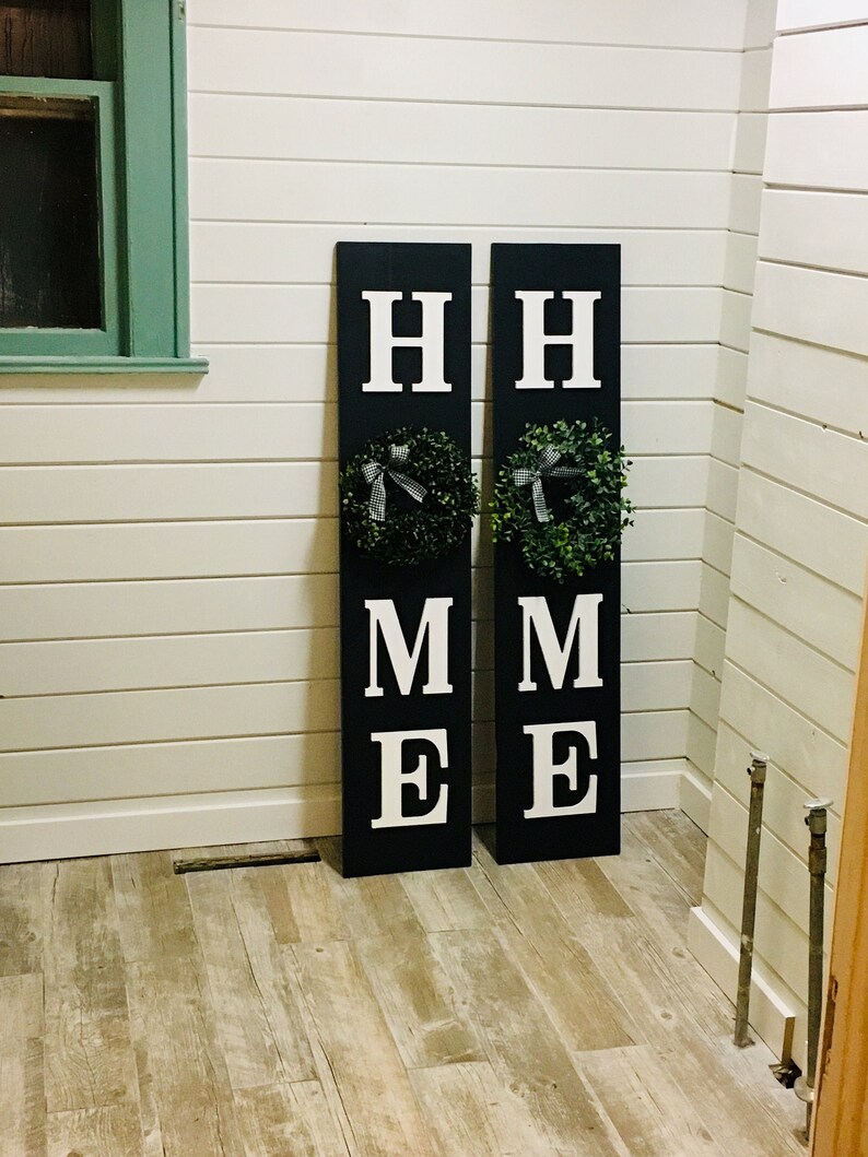 Large Vertical Home Sign with Wreath Black Plaid Bow Lightly Etsy