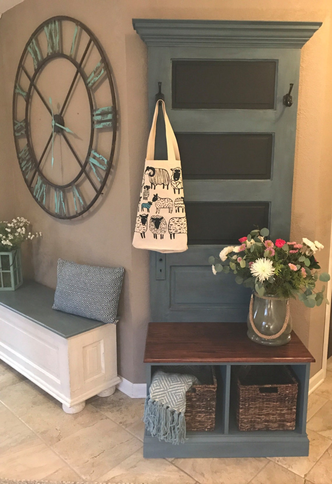 Reclaimed Vintage Door Hall Tree and Bench With Baskets Etsy