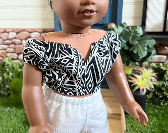 Black White Ethnic Reversible Split Neck Peasant Top American Made to fit 18" Girl Doll