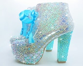 Mermaid Heels Glittery Mermaid Scale Aqua and Silver Rhinestone High Heel Ankle Boots Halloween, Fancy Dress, Party, Cosplay, Sweet 16