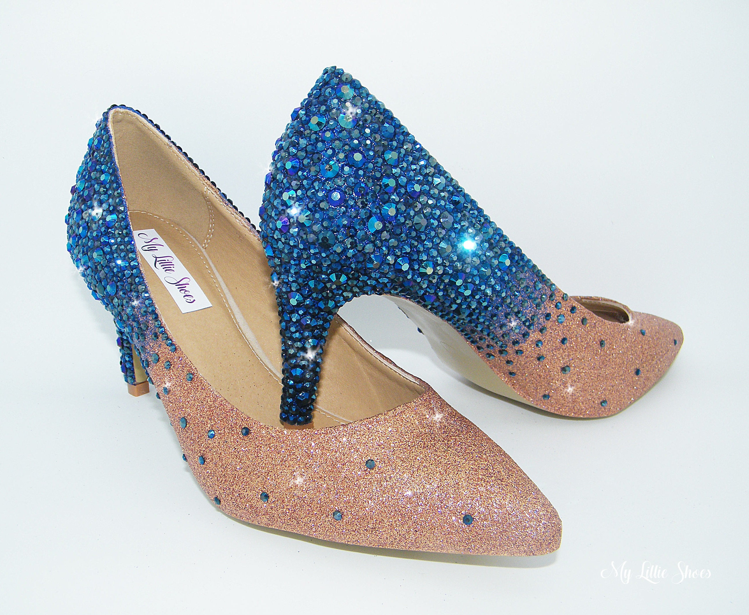 Bridal Shoes Rhinestone deep blue and champagne glitter | Etsy