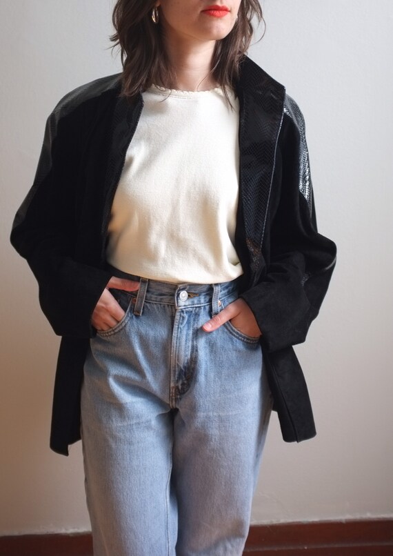 Black suede leather jacket / Snakeskin detail lea… - image 2