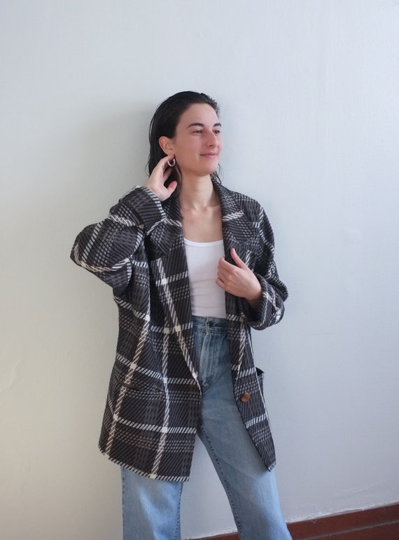 Oversized brown plaid wool jacket / 90s plaid dolm