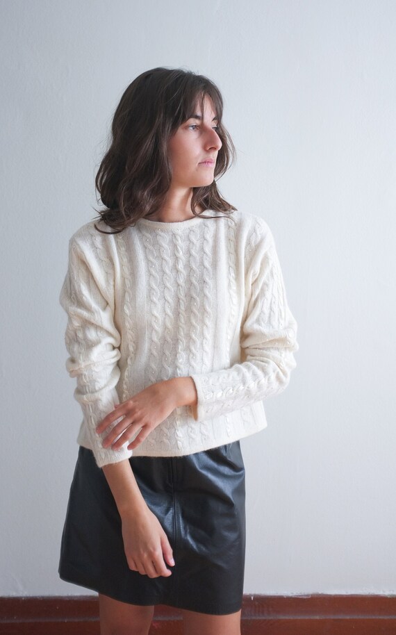 Vintage cream wool sweater / boxy embellished wool