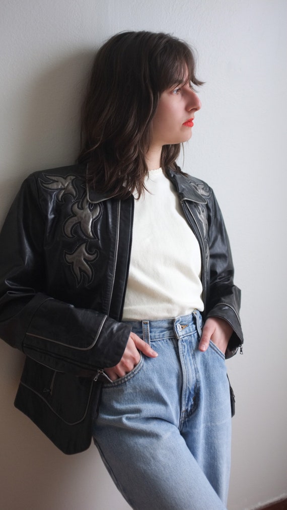 Black and silver leather jacket / unique leather j