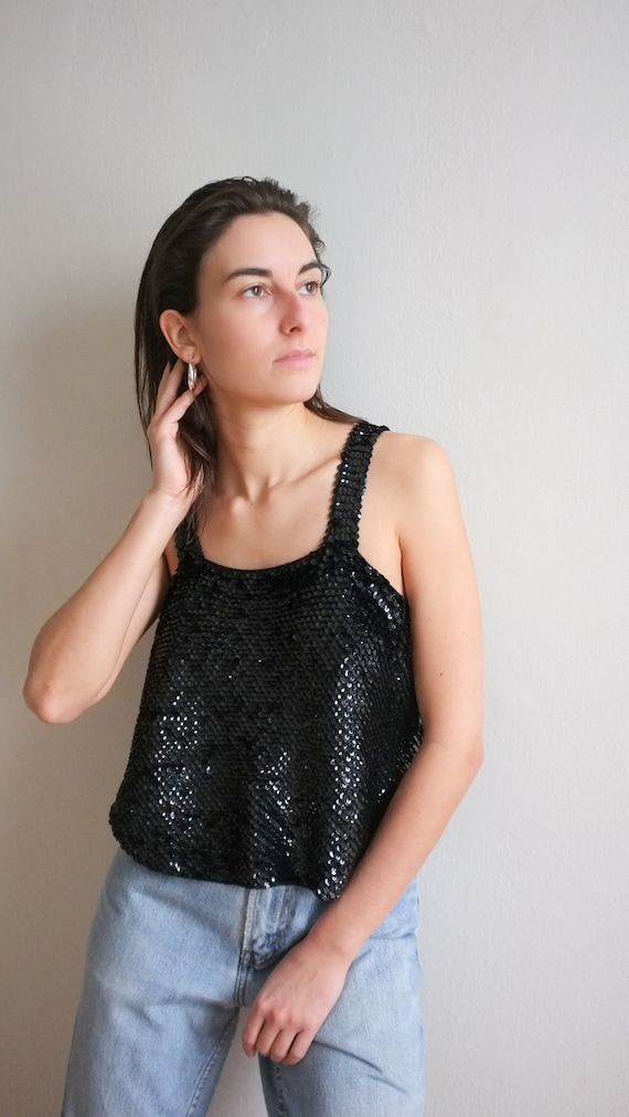 Vintage sequin crochet tank / Slinky black sequin