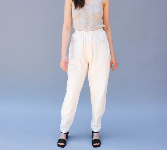 High waist white cotton pants / elastic waist band