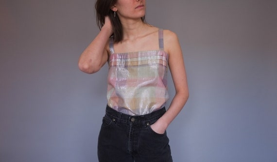 Pastel plaid cotton lame tank top - Metallic plaid
