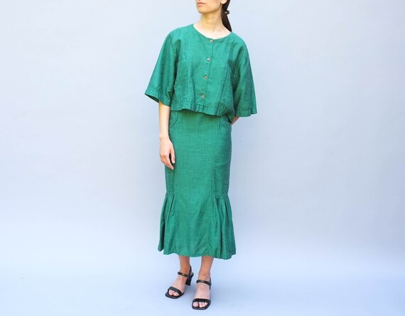 Green two-piece matching set crop top and fishtail