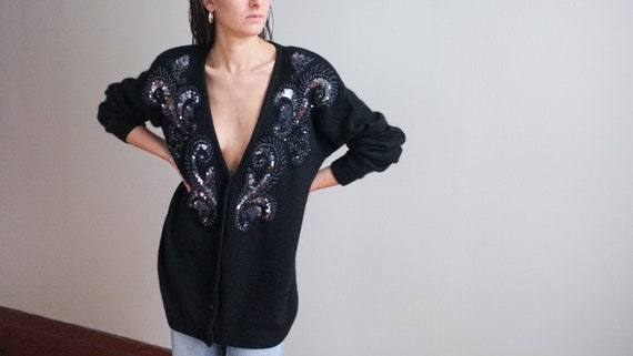 Vintage black embellished sweater cardigan / silk