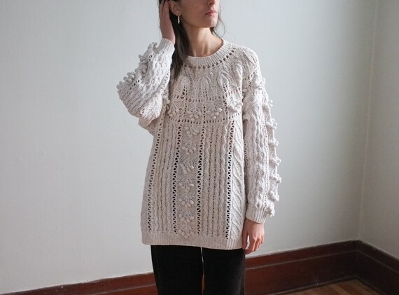 Vintage oatmeal cotton sweater / popcorn knit / ov