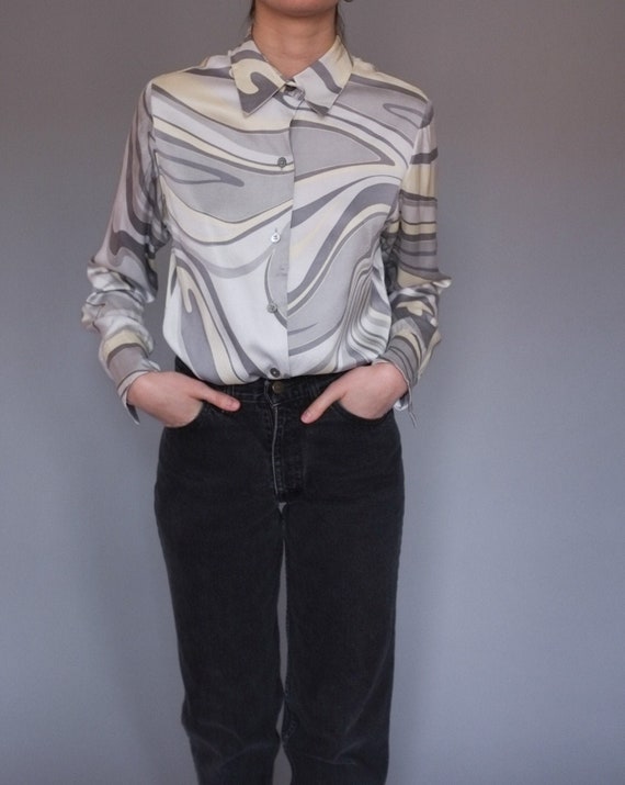 Vintage abstract print silk shirt / Grey silk blou