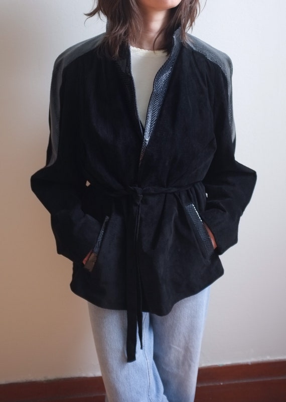 Black suede leather jacket / Snakeskin detail lea… - image 3