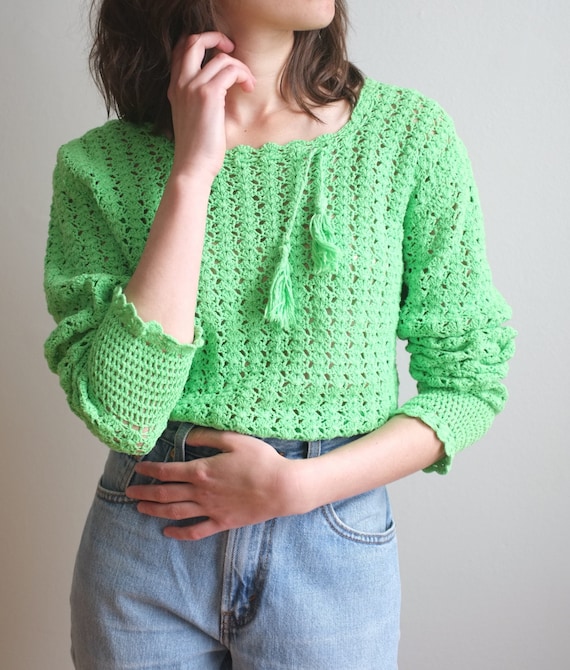 Lime green crochet sweater / open crochet knit top